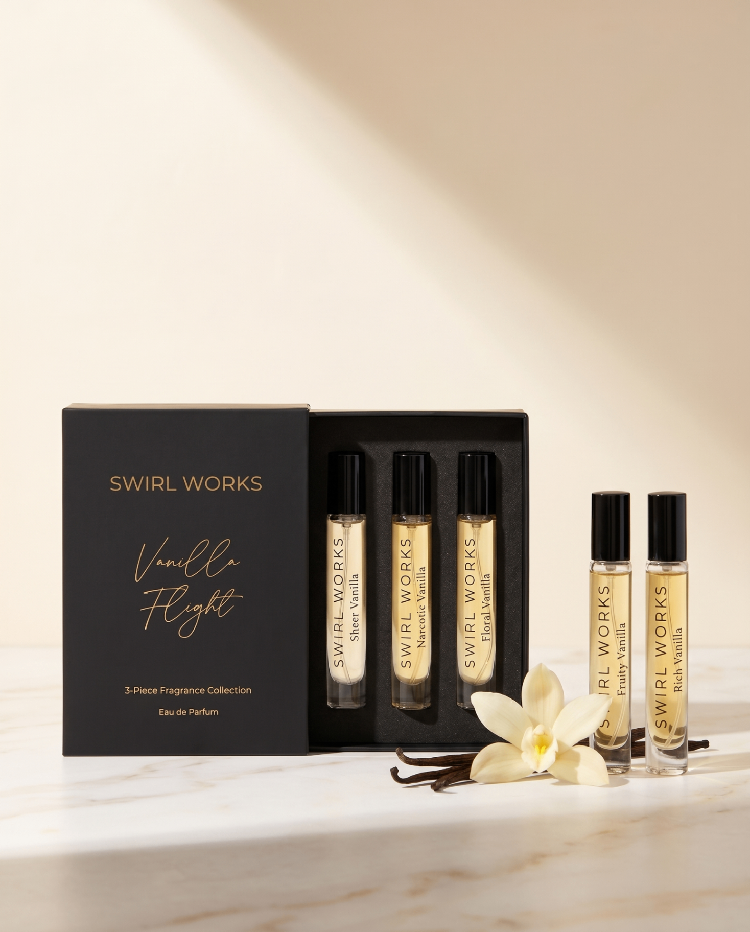 Five vanilla dropper bottles with handwritten scent cards
